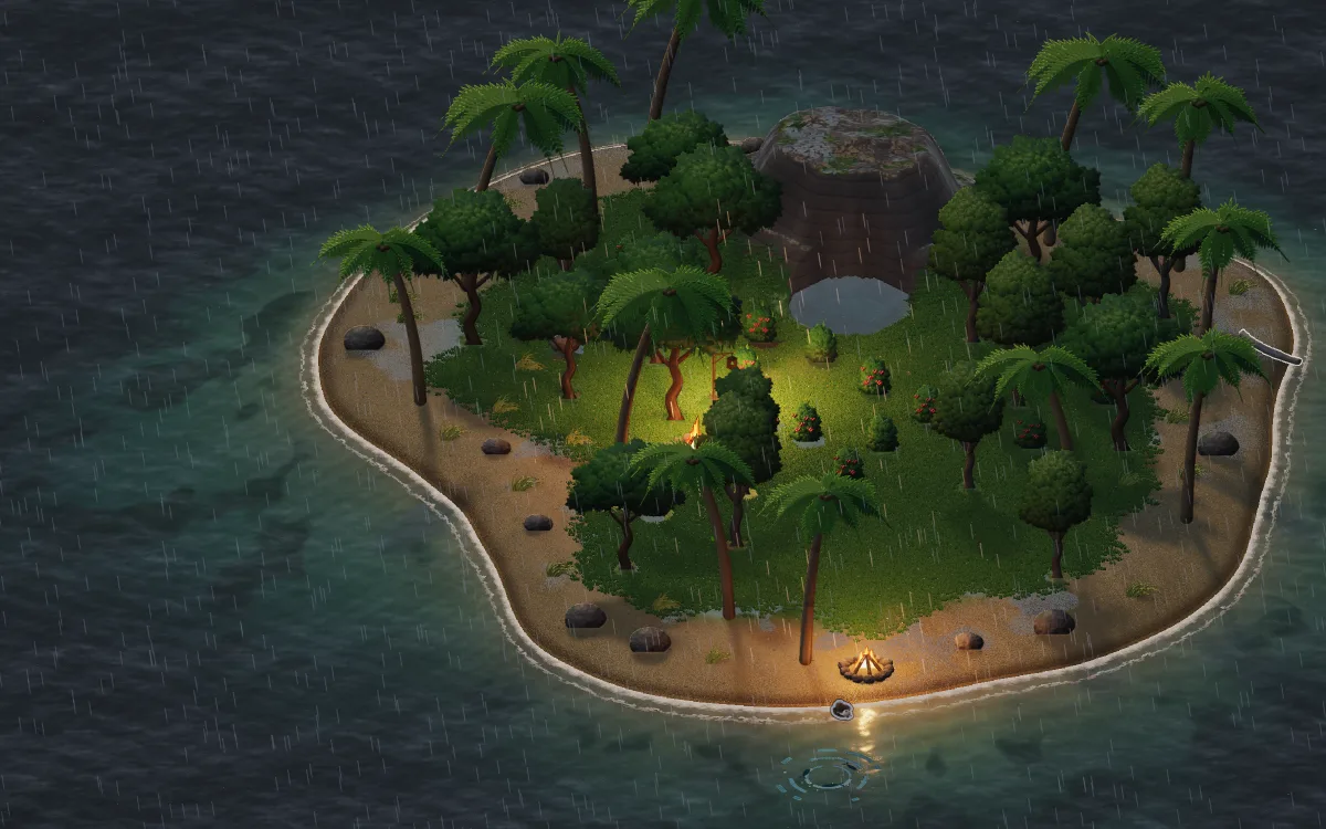 A storm over the island, rain falling on wet sand