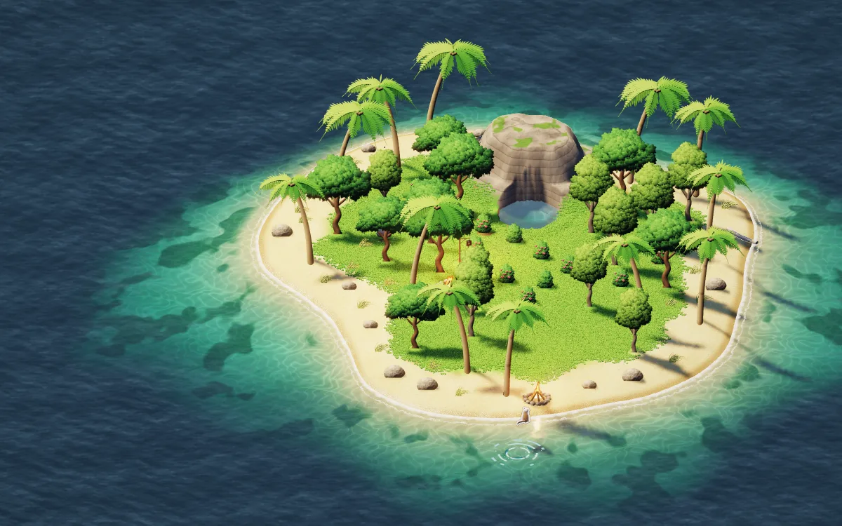 The whole island from above, ringed by clear water